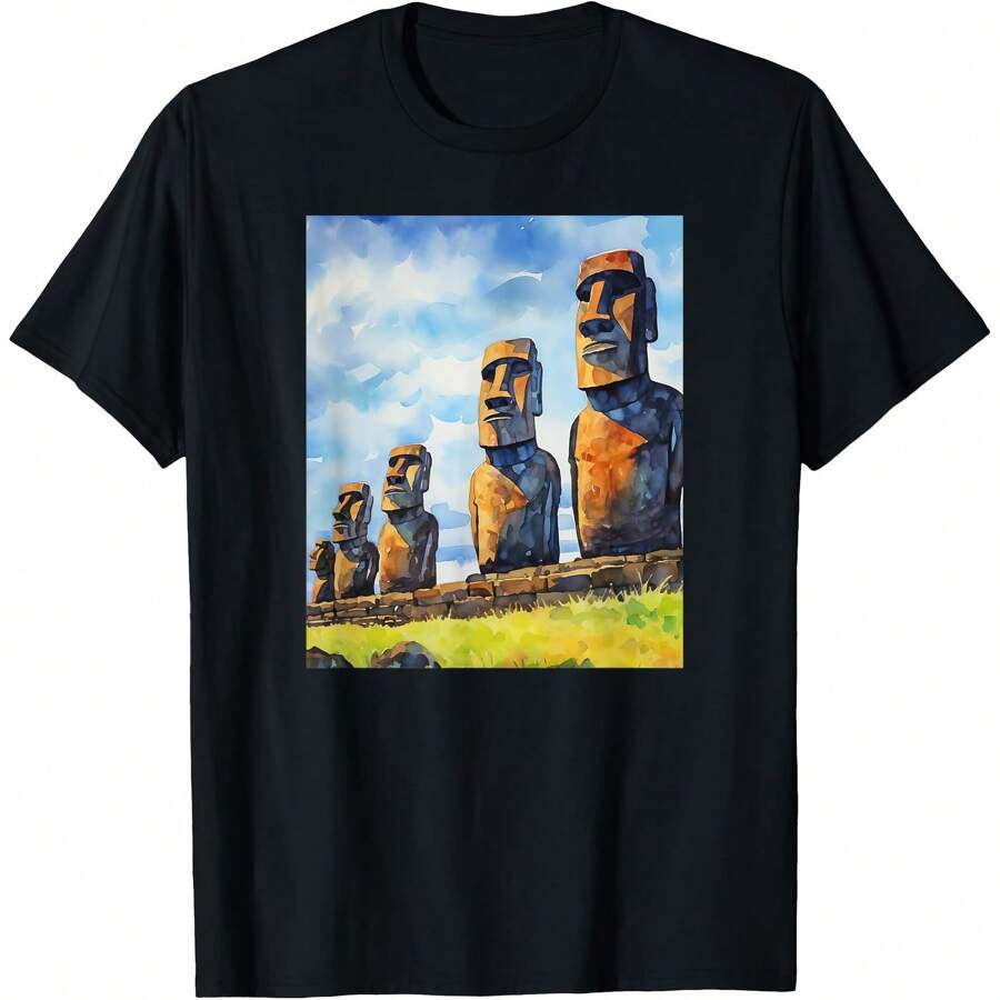 Stone Guardians Moai Sculptures Easter Island Watercolor T-Shirt