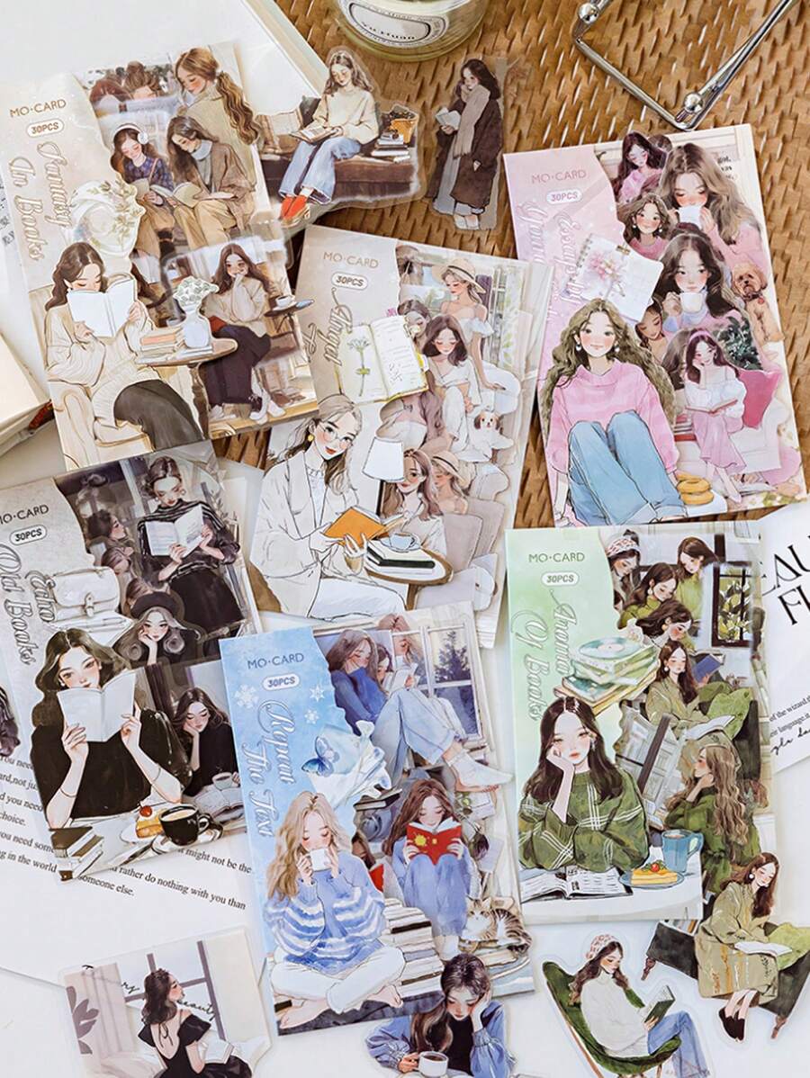 1 Pacote de 30 Peças de Adesivos Decorativos de Menina Artística em PET para Scrapbooking, Artesanato DIY, Álbum de Fotos, Planejador, Suprimentos Escolares, Volta às Aulas