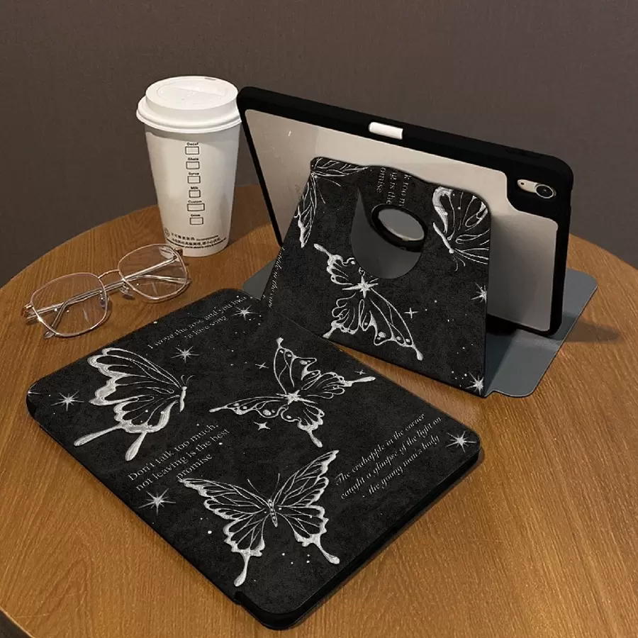 1 pièce, étui de protection pour tablette Apple Pro 2024 13 pouces/Air6 2024 4e, 5e, 8e, 9e, 10e génération, motif papillon noir et gris, fente pour stylo + rotation 720°, trou de logo creux, antichoc et résistant aux chutes, réveil/veille automatique