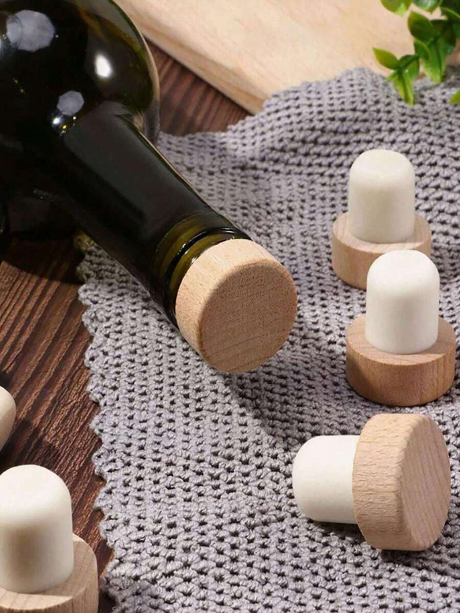 Set de 5 piezas/10 piezas Tapones de botella en forma de T de madera de haya con corcho, tapas de sellado hermético, para cocina, herramientas de bar y conservación de bebidas, decoración de botellas, decoración del hogar, regalo de Navidad, accesorios para tazas, regalos para amigos, regalos para la familia, fiesta de Navidad