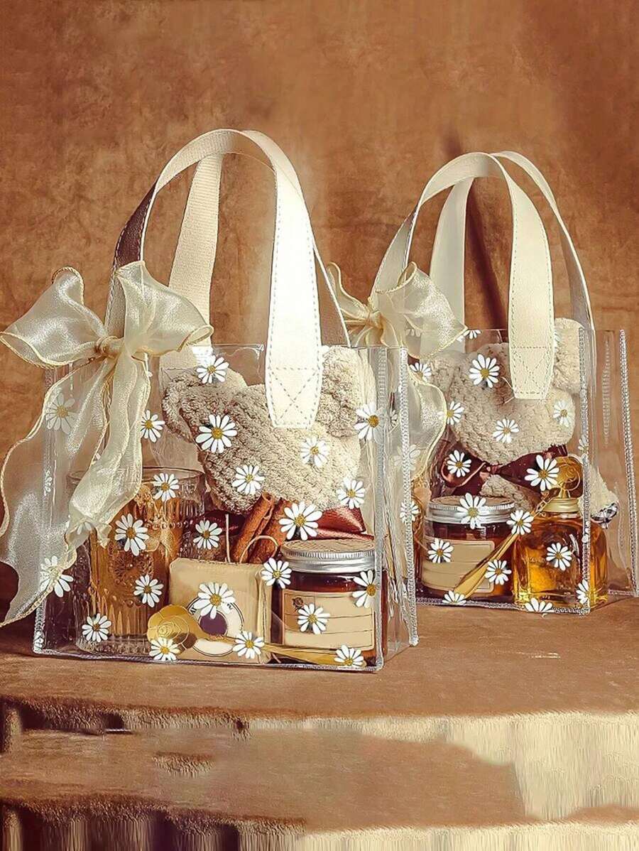 1/5/10pcs Thickened Transparent Pvc Gift Bag,Handbag,Women Tote Bag,Daisy Flower Printed Gift Packaging Bag,Wedding Gift Handbag,Shopping Bag, Gift Packaging Bag, Party Holiday Decor, Daily Storage Bag,Suitable For Shopping, Wedding, Birthday Party, Souvenir, Etc(2 Sizes Available)