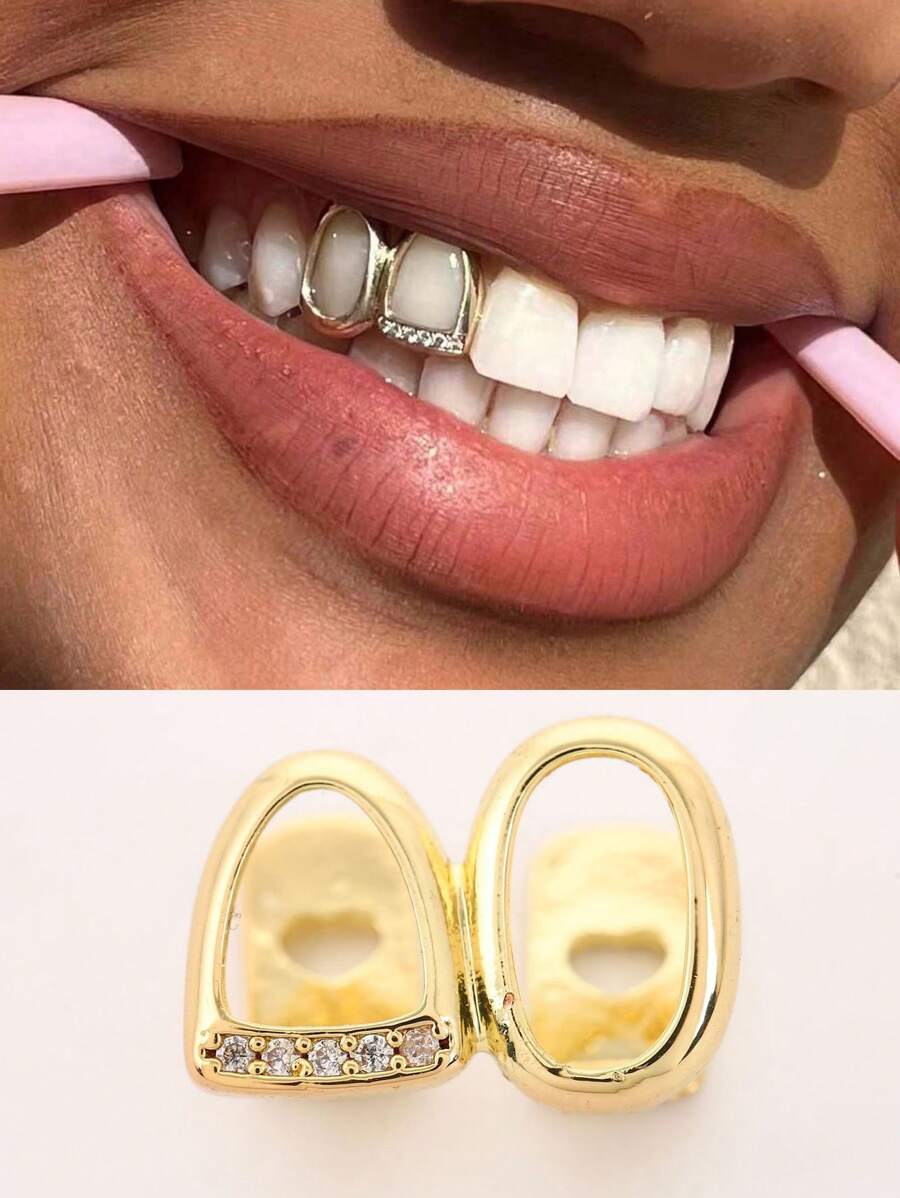 1pc Hollow Full Zirconia Gold-Tone Teeth Grillz, Fashionable Hip-Hop Dental Jewelry Accessory For Daily Wear, Unisex