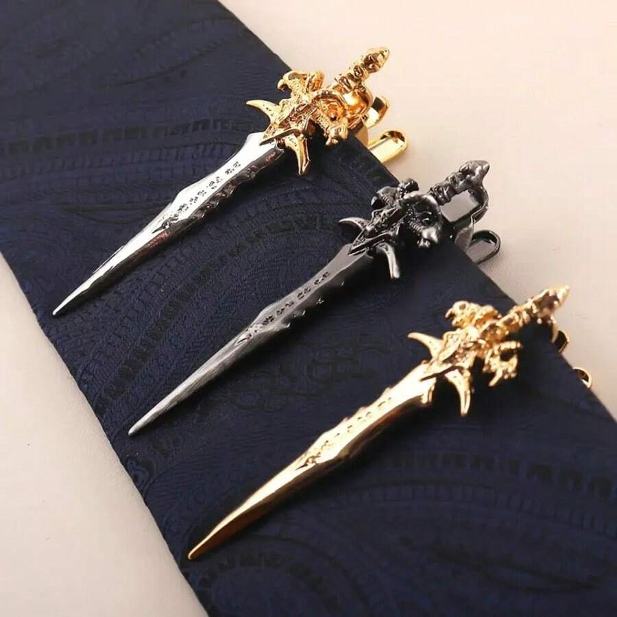 1 pieza Clip para corbata de hombre, con diseño de espada antigua, "Dolor helado", diseño de arma, en colores oro, plata, negro antiguo, de material de cobre, regalo de negocio para el padre o pareja
