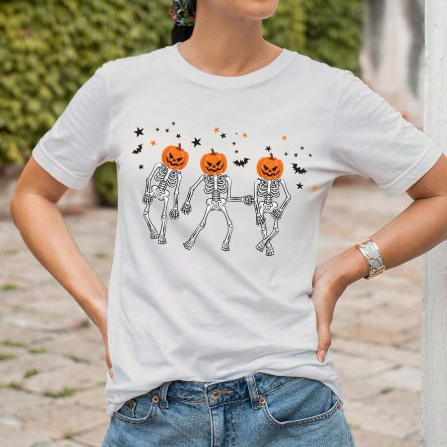 100% Cotton Dancing Skeleton Pumpkin Shirt,Retro Halloween Pumpkin Shirt,Funny Fall Shirt,Halloween Women Shirt,Spooky Skeleton Shirt,Fall Shirt, Fashion Unisex Streetwear Casual Breathable Stylish For Women Designer Clothes Versatile Slightly Top For Everyday Wear Summer Comfortable Graphic
