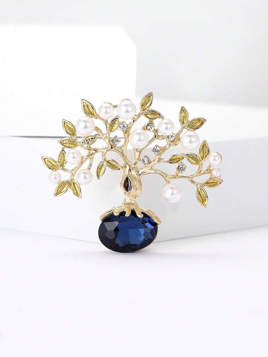 Fashionable Rhinestone Faux Pearl Fortune Tree Brooch For Women Plant Brooch Dress Suit Pin Accessories Party Banquet Gift
