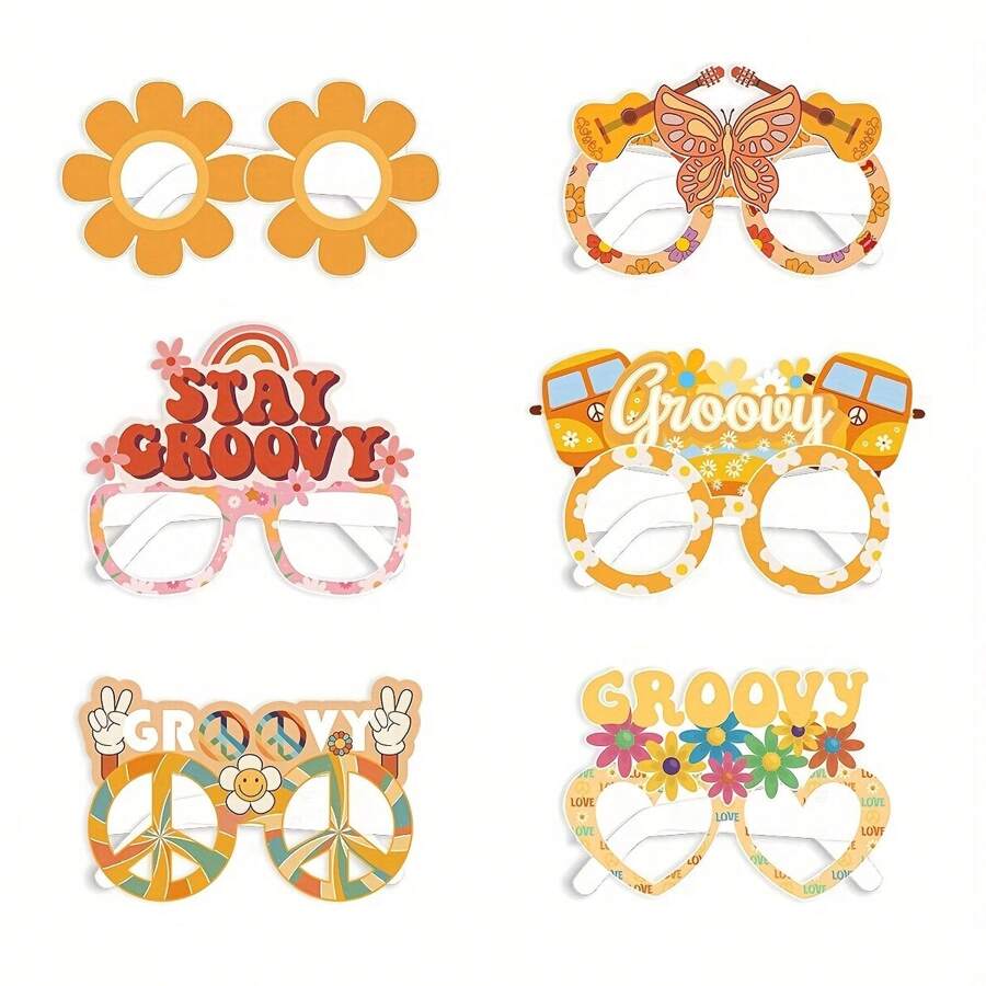 6 pièces lunettes de papier style hippie rétro, 2 pièces lunettes de fête colorées et mode 3D, décorations de lunettes de papier hippie pour anniversaire, décorations vintage