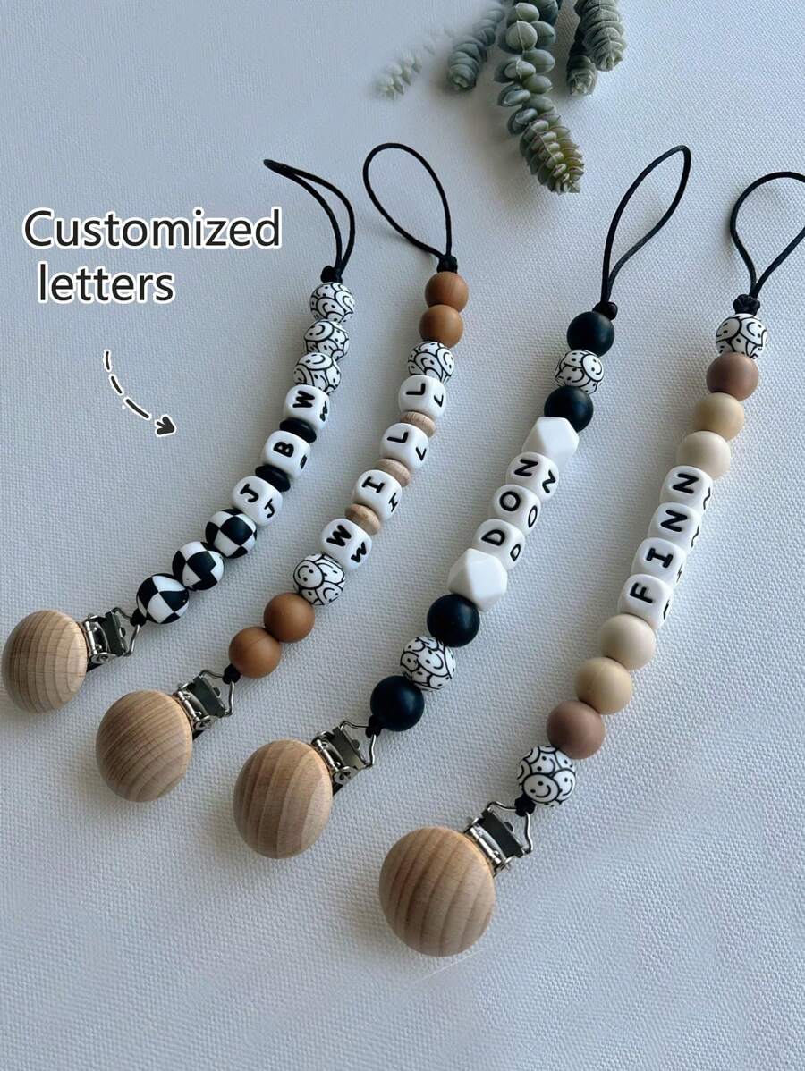 1pc Customized Name, Letter Beaded, Text, Silicone, New DIY Name Maple Wood, Smiling Face, Plaid, Customized Bag Accessories, Bag Charm, Can Be Clipped Or Hung, Keychain, Pendant, Beaded Flower Decor, Suitable For Backpack, Travel Bag, Luggage, Adorable Accessory, Small Gift, Autumn/Winter, Festival Sequin