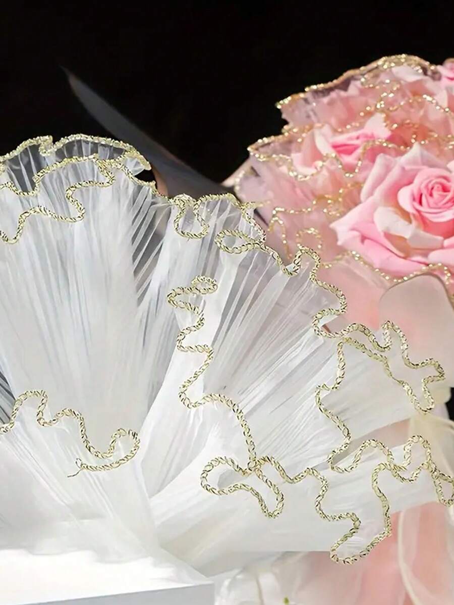 1pc Gold-Edged Wavy Tulle Fabric, 28cm*400cm Champagne & White, Wedding Flower Wrapping Tulle, Suitable For Flower Shops, Wedding Cake Decor, Flower Bouquet Packaging For Festivals And Parties