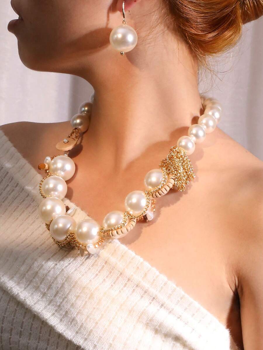 Set de 3 piezas de collar y aretes tejidos con perlas falsas, elegante y apropiado para uso diario, fiestas, regalo para mamá