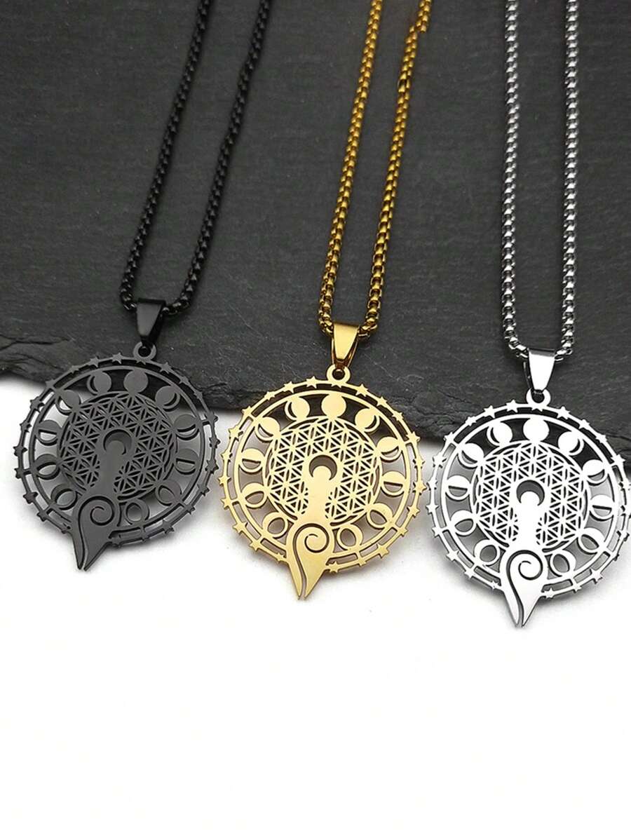 Wicca Triple Moon Phase Hekate Goddess Necklace For Women Men Stainless Steel Greek Wheel Of Hecate Chain