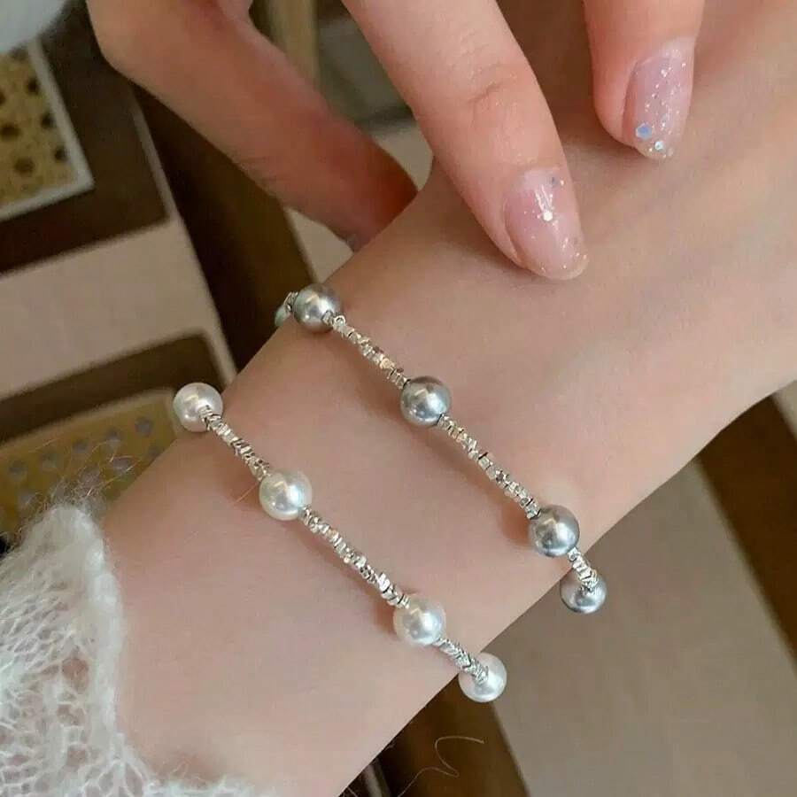1pc Luxury Minimalist S925 Sterling Silver Star & Faux Pearl Beaded Bracelet, Suitable For Women Daily Wear/Gift, 3.6g