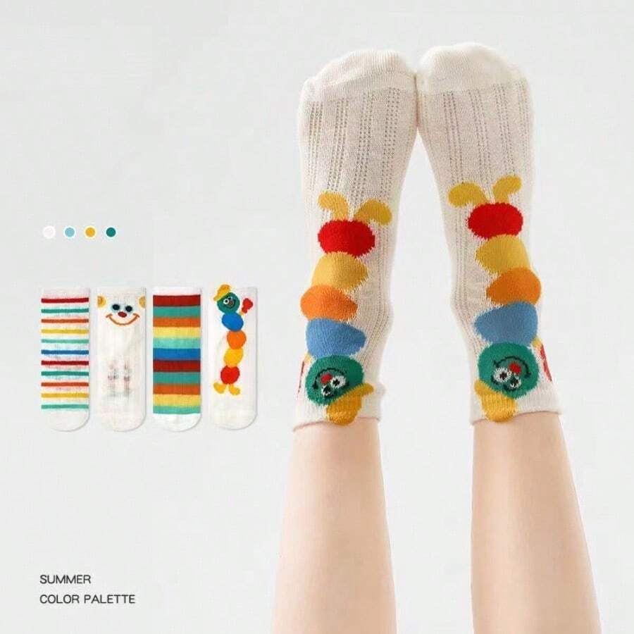 4 Pairs Cartoon Rainbow Caterpillar Children's Lightweight Socks, Boys And Girls Cartoon Caterpillar Mesh Socks