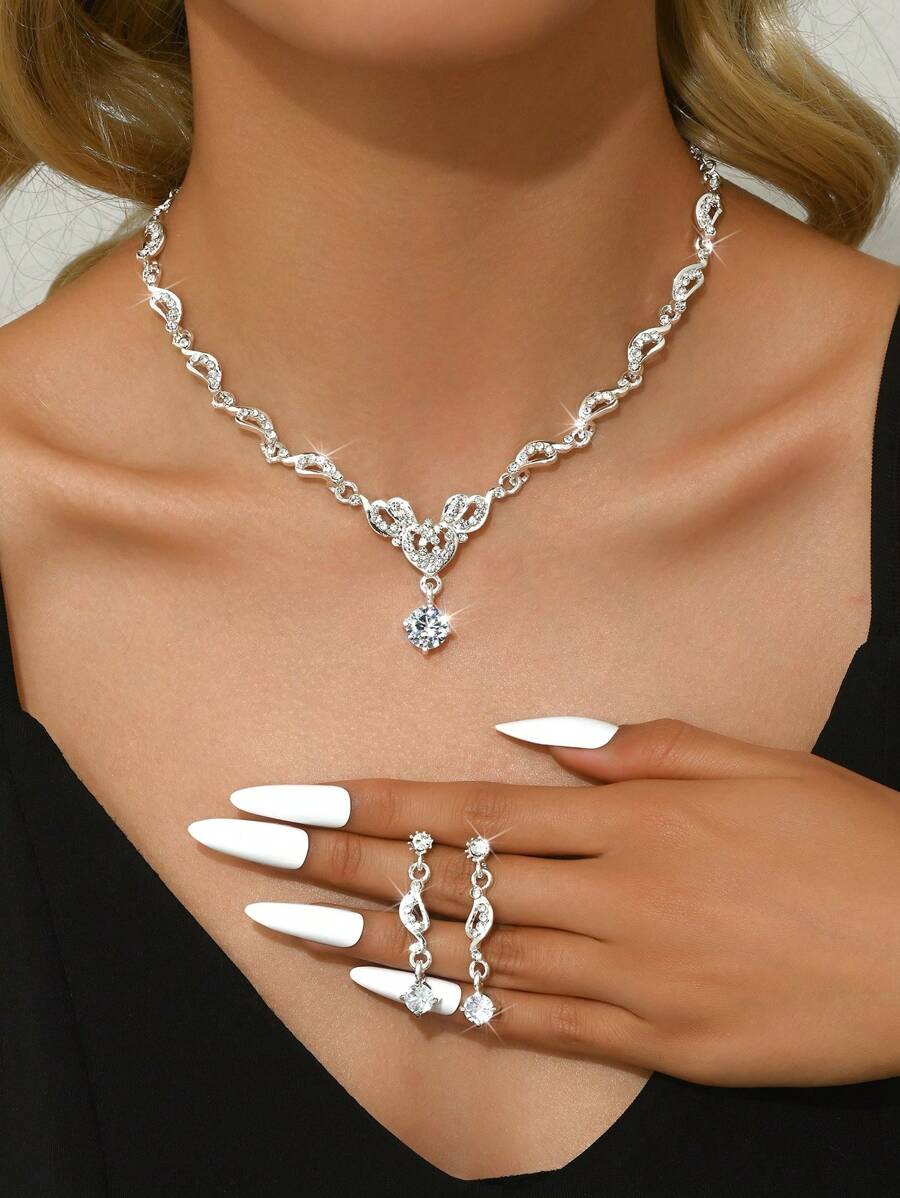 3pcs Women's Heart & Flower Rhinestone Embellished Wedding Jewelry Set
