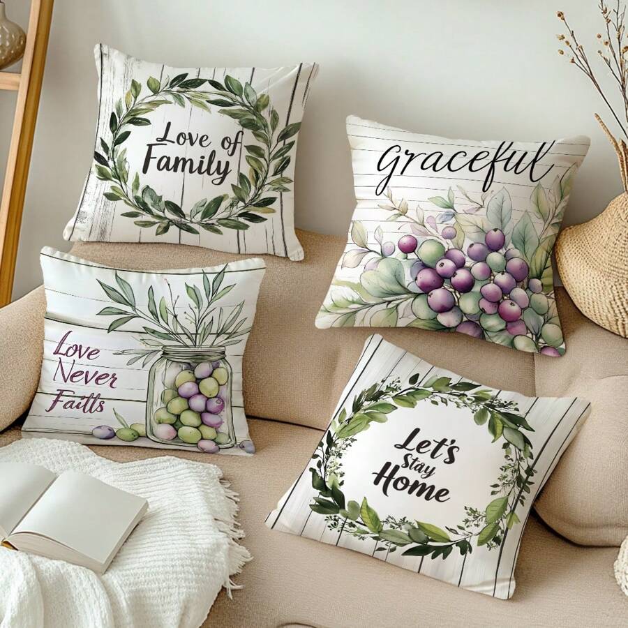 4pcs/Set 17.7*17.7in (45*45cm) "Love Of Family" Rustic Wood Grain Olive Watercolor Print Polyester Pillow Cover (Single-Sided Printing), Home Sweet Home Decorative Cushion Cover For Living Room Sofa Bedroom Headboard, Suitable For Daily Use Or Home Decor, Car Headrest
