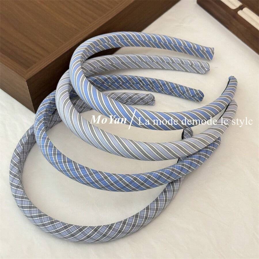 1pc Blue Plaid/Twill Fabric Headband For Women