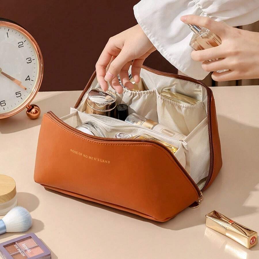 Un Paquete De Almacenamiento De Cosméticos PU Marrón, Bolsa De Almacenamiento Portátil, Alto Valor Facial Y Gran Capacidad, Alta Calidad, Fácil De Colocar, Resistente Y Duradero