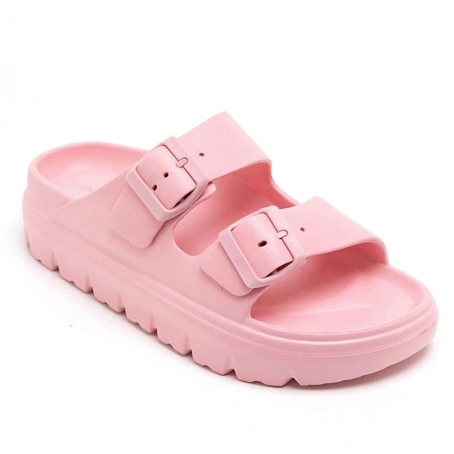 Slide Sandals With Double Buckle Straps And Chunky Sole