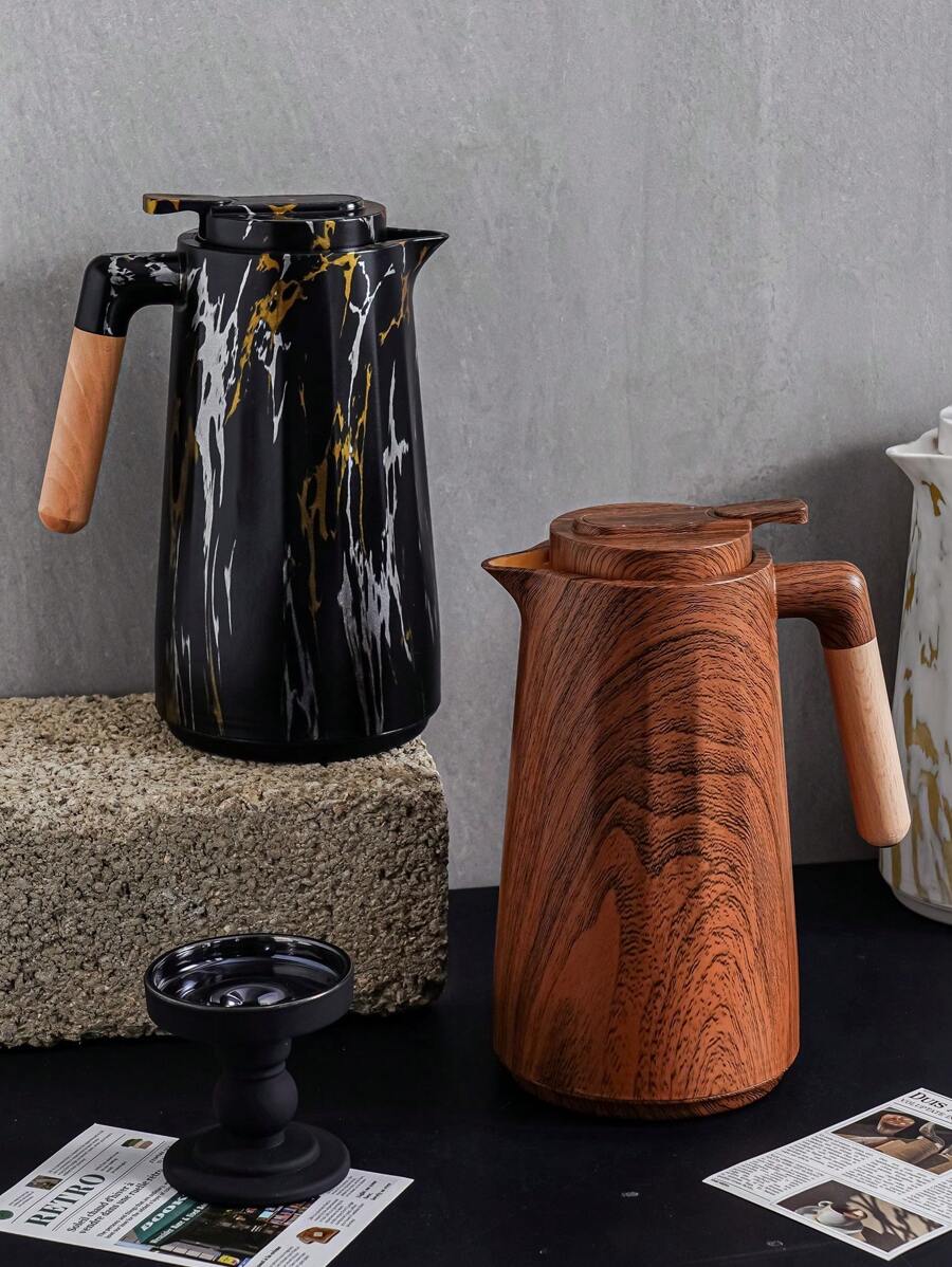 1 pieza Botella aislada de 1000ML/33.8oz con diseño de madera, con interior de vidrio, cafetera con dispensador de botón y asa de madera, de vuelta al colegio