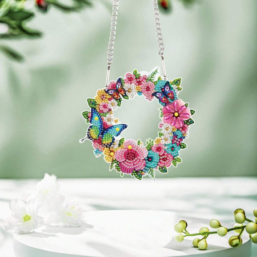 5D DIY Diamond Art Painting Kits Hanging Pendant, Wreath Flower Butterfly Diamond Art Hanging Sign DIY Special Shaped Crystal Pendant Ornaments For Door Wall Window Home Festival Decor