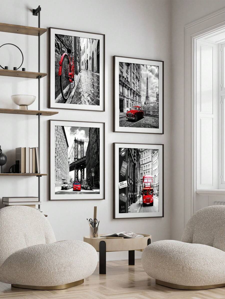 4pcs/Set Black And White Wall Art Bedroom Red Decor Paris Canvas Pictures For Living Room Bathroom London Eiffel Tower Landscape Painting New York City Wall Art Office Artwork Modern Home Decoration (No Framed)