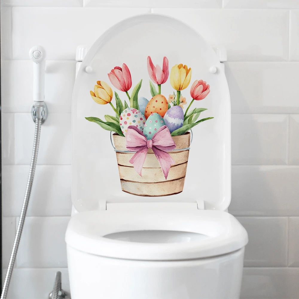 1pc Easter Flower Barrel And Easter Eggs Sticker For Toilet Decor, Suitable For Bathroom And Toilet Decoration Stickers, PVC Removable Sticker Gifts Birthday Graduation Room Decor Home Decor Wall Decor Bathroom Decor Bedroom Decor Room Decoration Stuff Living Room Decor House Decor Home Decor Living Room Wall Art Wall Paper Personalised Stickers