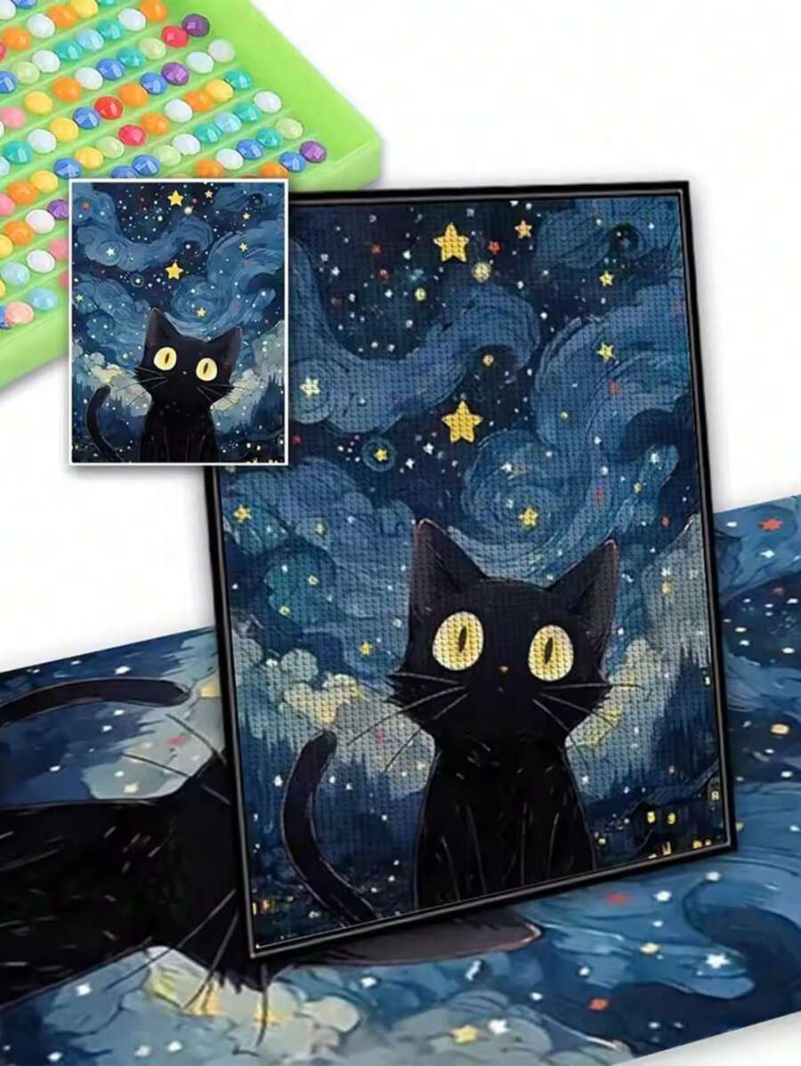 Pintura de Diamante 5D DIY Céu Estrelado Gato Desenho Animado Animal Paisagem Arte Mosaico Feito à Mão Decoração Doméstica Pintura