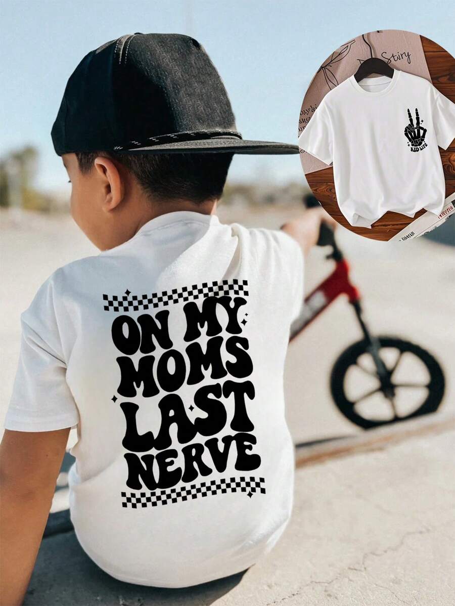 1 pieza Camiseta de manga corta de cuello redondo blanca con estampado en inglés casual para niño, top de verano para niños