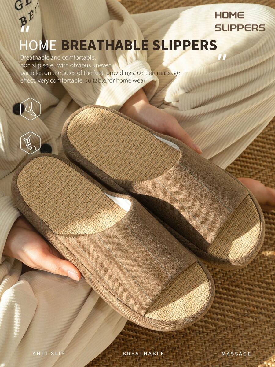 Linen Slides, Breathable Open Toe Slippers Suitable For All Seasons, Comfortable And Anti-Slip TPR Sole