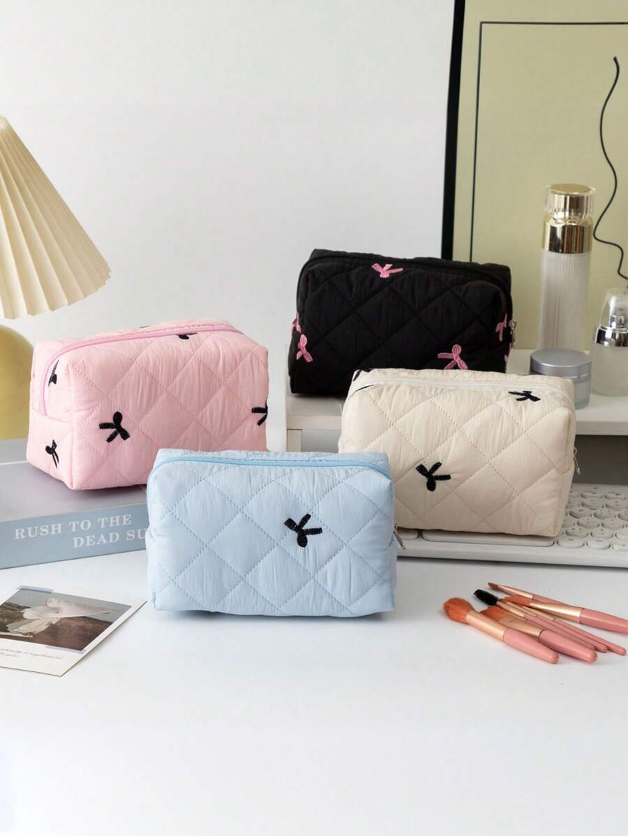 Fresh And Simple Series, New Embroidered Bow Quilted Storage Bag, Cute Ladies Cosmetic Bag, Used For Cosmetics, Headphones, Data Cables, Change, Stationery Storage, Suitable For Students And College Students Cosmetics Items Storage Belongings, Travel Shopping And Business Trips, The First Choice For Holiday Gifts