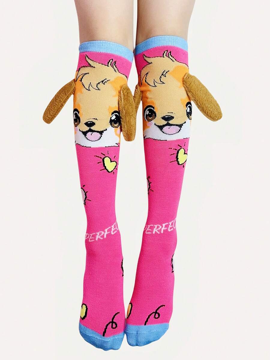 1 Pair Of Cute Socks For Girls, Cute Dog Ears Decor Kid's Knee High Socks,Cartoon Ear Handmade Socks,Family Or Friend For Gift,Suitable For All Season Outfit Socks
