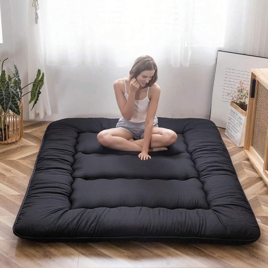 Japanese Floor Mattress, 4" Thicken Tatami Mat Sleeping Pad Foldable Roll Up Mattress Boys Girls Dormitory Mattress Pad Kids Floor Lounger Pillow Bed, Black, Twin Size