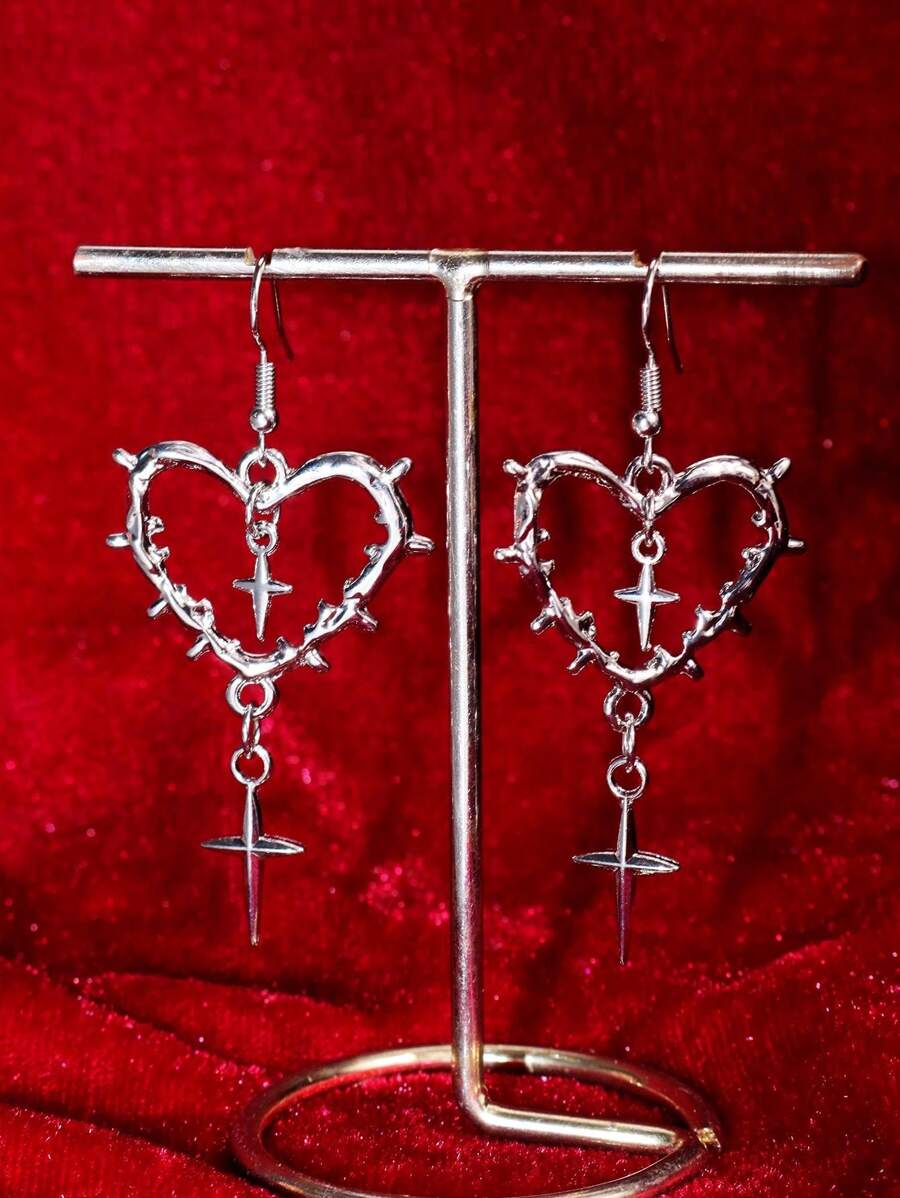 1Pc Gothic Punk Heart Cross Star Shaped Earrings For Women Fashion Korean Punk Star Thorn Pendant Ear Hooks Jewelry Accessories Valentines,Mom,Mother,Mother's Day,Gift