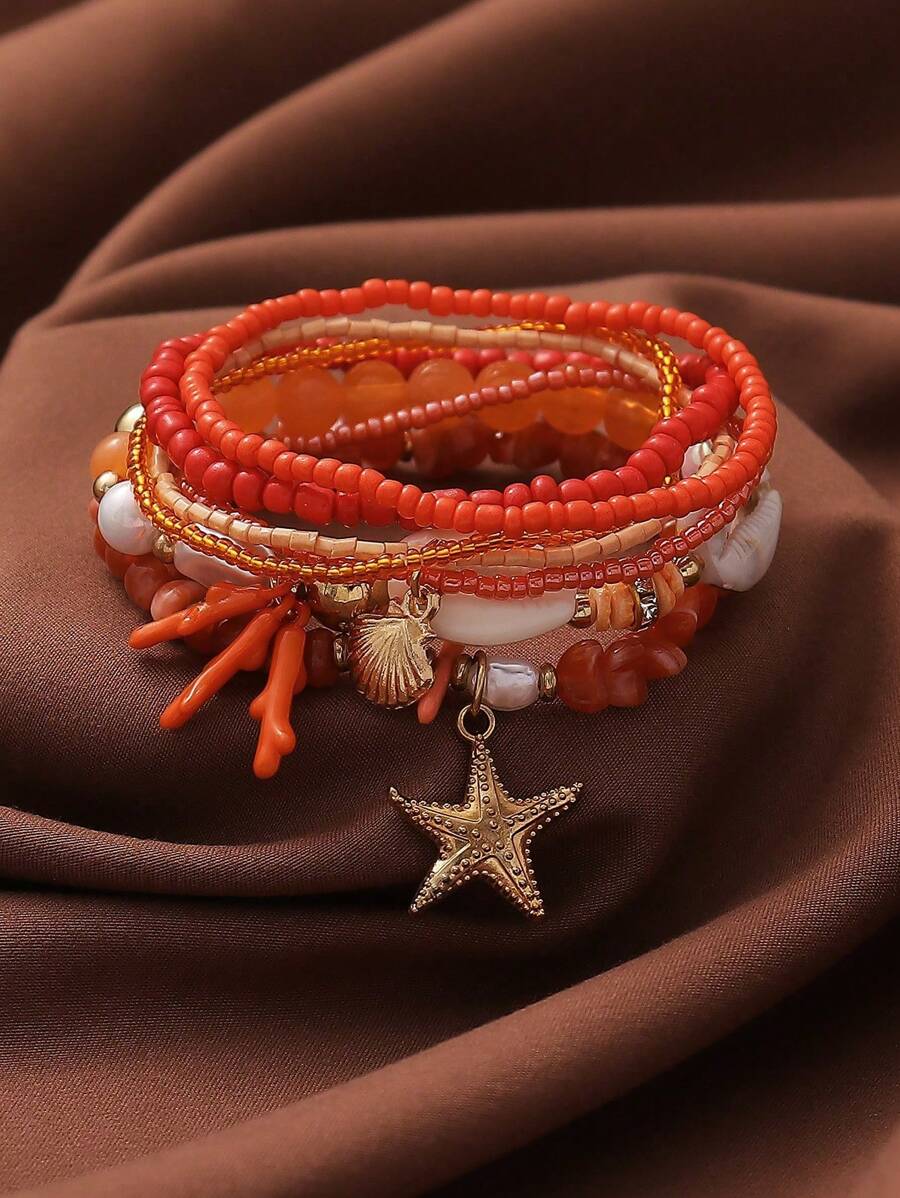 Set de 6 piezas Pulseras elásticas con conchas y estrellas de mar, estilo de vacaciones de playa rosa, adecuadas para uso diario y vacaciones de mujeres