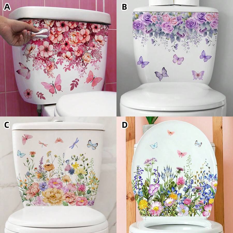 1pc Plant & Floral Self-Adhesive Toilet Seat Sticker, Butterfly & Grass Bathroom Decoration Wall Toilet Cover Sticker Gifts Birthday Graduation Home Decor Wall Decor Bedroom Decor Room Decoration Stuff Living Room Decor House Decor Home Decor Living Room Wall Art Wall Paper Stickers