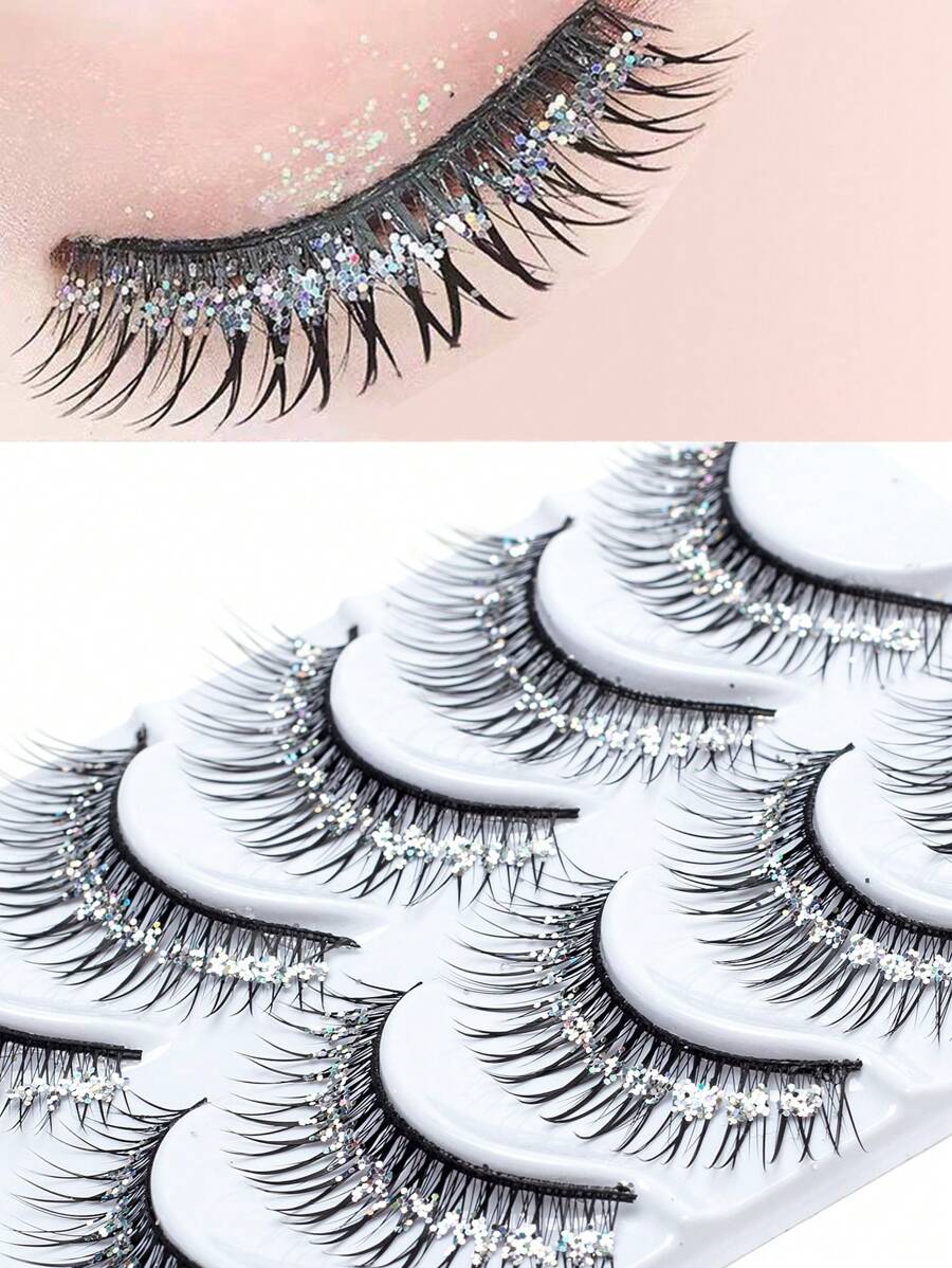 5 Pares/Caja de pestañas con brillo plateado y rhinestones, pestañas brillantes tipo hada, elegantes y relucientes para actuaciones en el escenario, Navidad, nieve, Día del niño y maquillaje de Halloween, pestañas gruesas para niños
