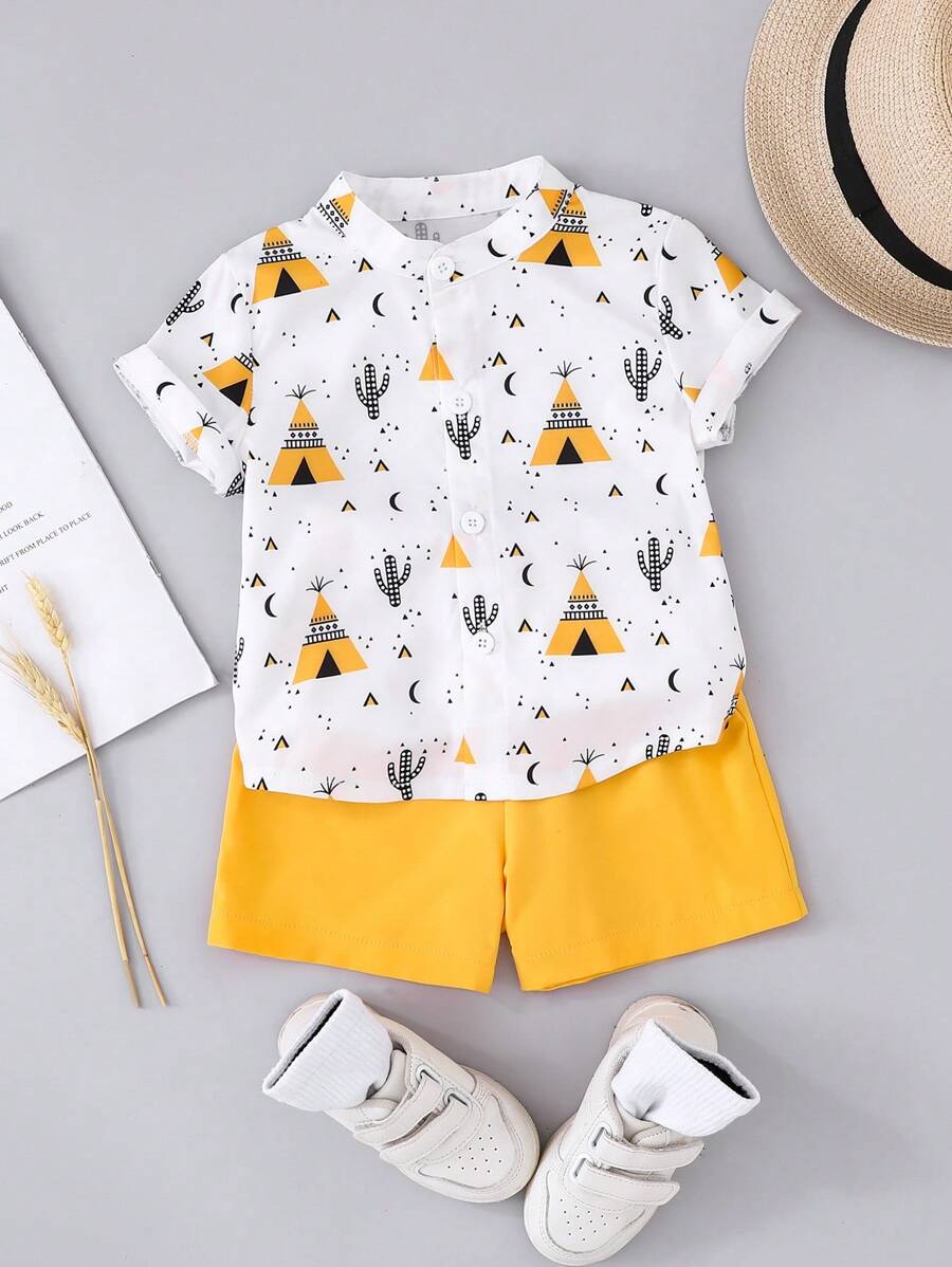 2pcs Boys Toddler Casual Cartoon Excavator Print White Short Sleeve Top And Yellow Shorts Set, Suitable For Outing, Holiday, Party, Home Wear In Summer