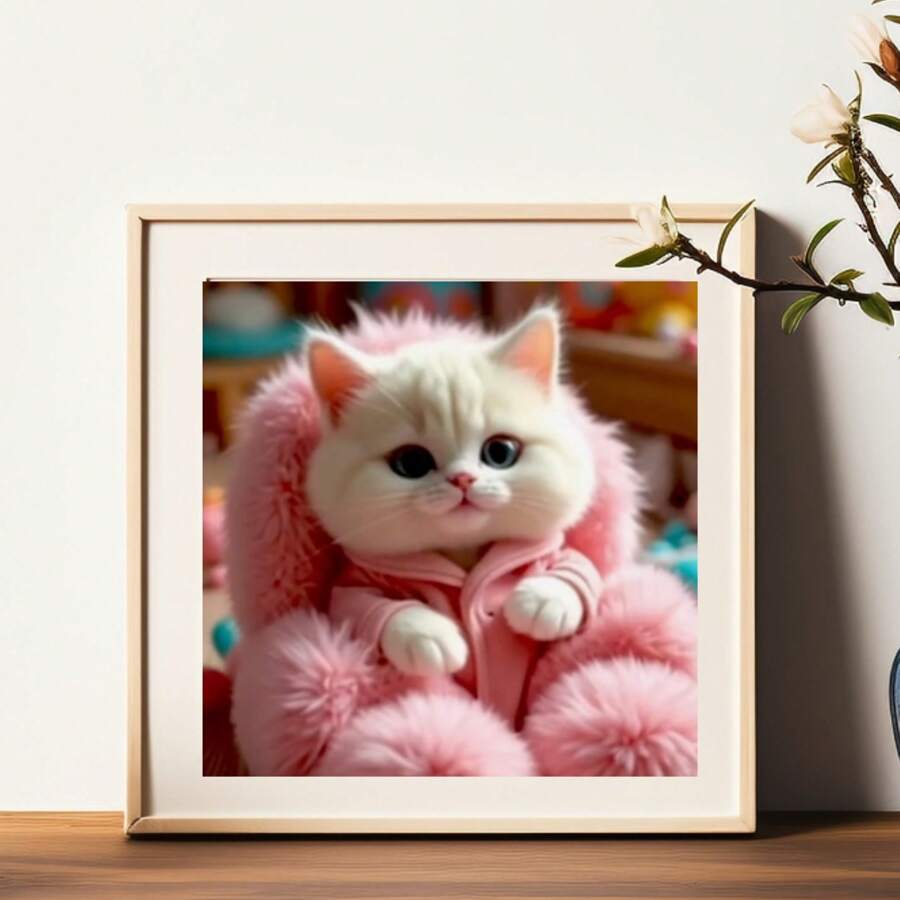1pc Pink Dress Kitty 5D Diamond Painting Kit - Adult DIY Full Round Diamond Painting Canvas Art Set With Tools, Unframed Home Wall Decor Handcraft, 7.87x7.87inch
