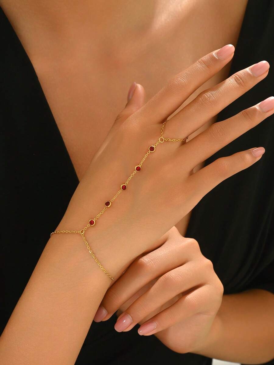 1st Dames Goudkleurige Roestvrijstalen 5-Ronde Rode Zirkonia Steen Vinger Armband, 18K Goud Vergulde Mode Sieraden