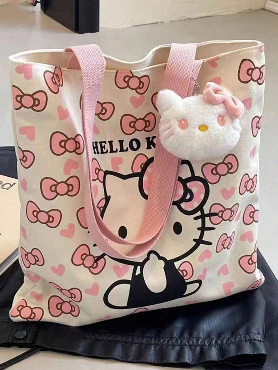 Sanrio Sac en canevas chat dessin animé Sanrio, sac à main décontracté à porter à l'épaule pour les étudiants, sac fourre-tout de grande capacité pour l'école et les déplacements, sac à bandoulière, sac fourre-tout, plage, voyage, camping, extérieur, maquillage, remise des diplômes, mariage, anniversaire, cadeau, campus, Hello Kitty