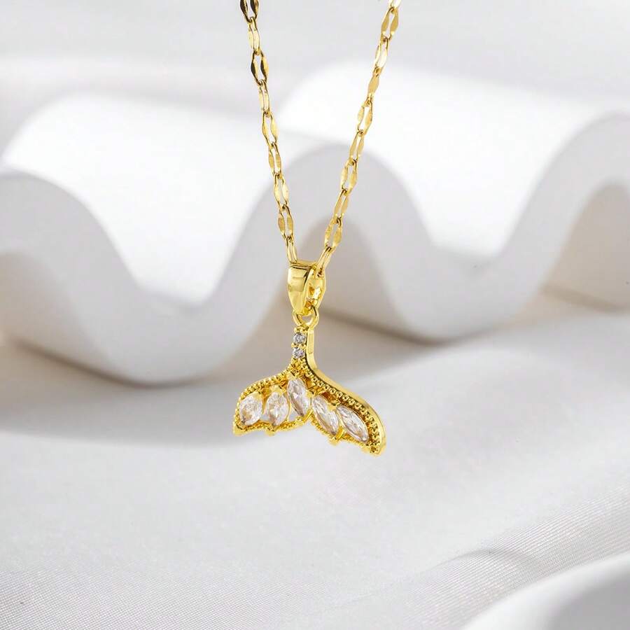 1pc Fashion Charming Minimalist Style Copper Inlaid Zirconia Plated 18K Gold White Fish Tail Pendant Necklace, Suitable For Ladies Beach Holiday Wear, Jewelry Accessory, Gifts For Friends