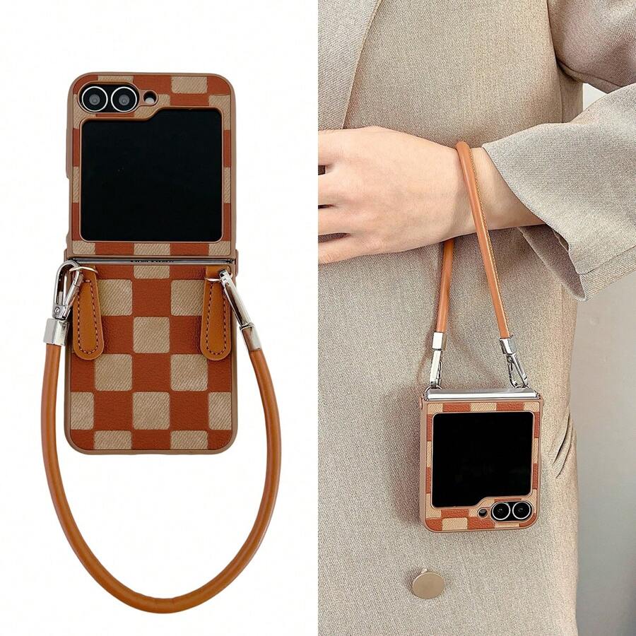 Check Pattern1pc Foldable Plaid Lanyard Phone Case, Compatible With Samsung Z Flip6/Z Flip5/Z Flip4