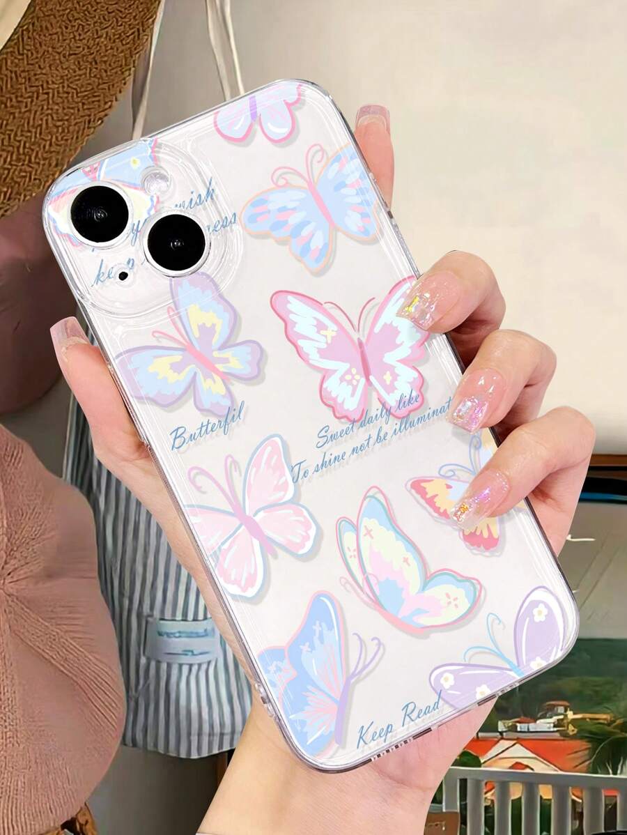 1 pièce Coque de téléphone transparente antidérapante et douce avec graffitis colorés, papillon et texte, compatible avec iPhone 11/12/13/14/15/16 Pro Max