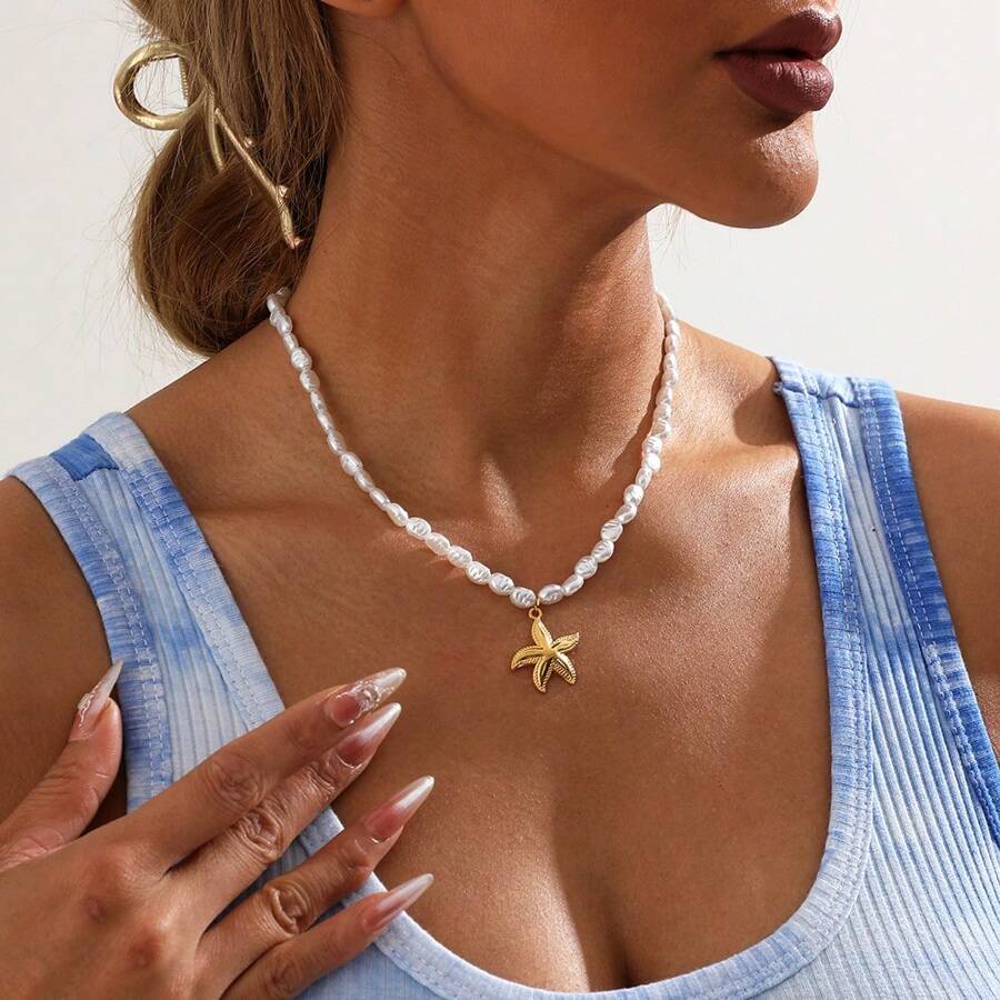 1 pieza Collar de perla blanca y diseño de estrella de mar dorada, elegante y de moda, apto para uso diario, festivales y regalos