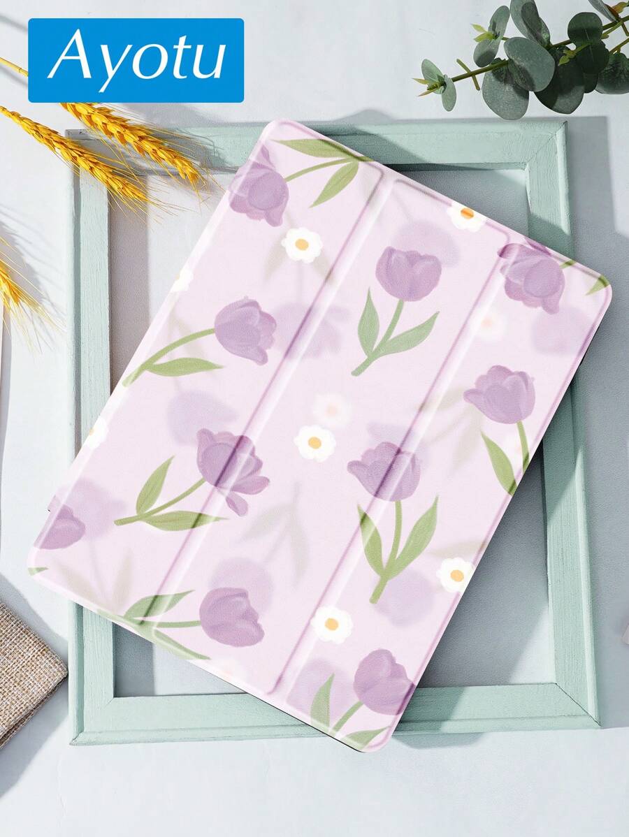 Ayotu 1 pieza Funda con diseño de flor, con soporte para bolígrafo, con función de suspensión/activación automática, con función antideslizante, para iPad