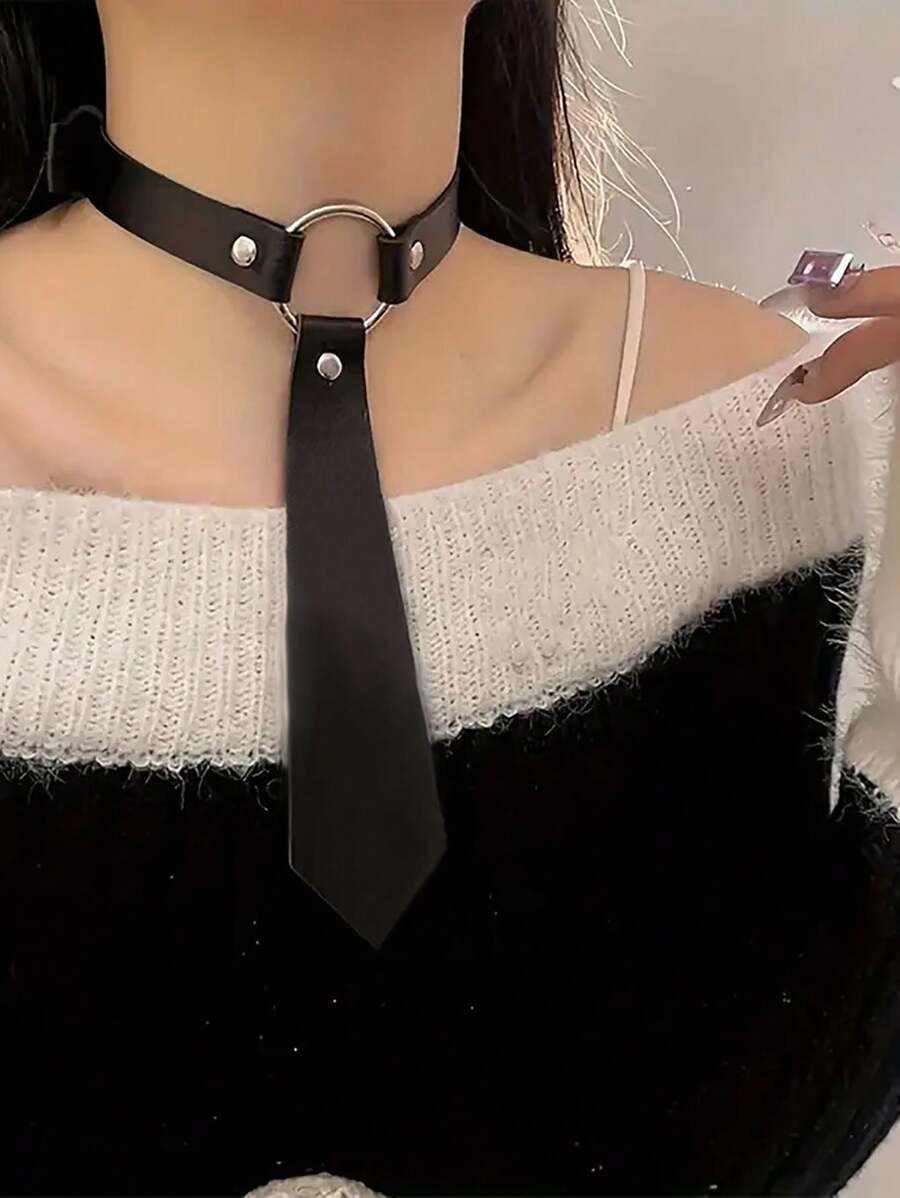 1PC Black Pu Leather Collar Imitation Tie Design Elegant Fashion Accessories Festival Clothing Matching Accessories