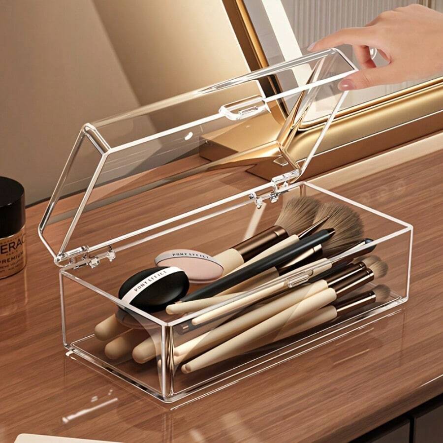 1 pièce Boîte de rangement de maquillage transparente, support en plastique pour pinceaux de maquillage, boîte de rangement de bureau anti-poussière, convient pour les rouges à lèvres, les ombres à paupières, les pinceaux, les houppettes - Léger, sans électricité nécessaire. Décoration de salle de bain, organisateur de salle de bain, organisateur de maquillage d'été, retour à l'école