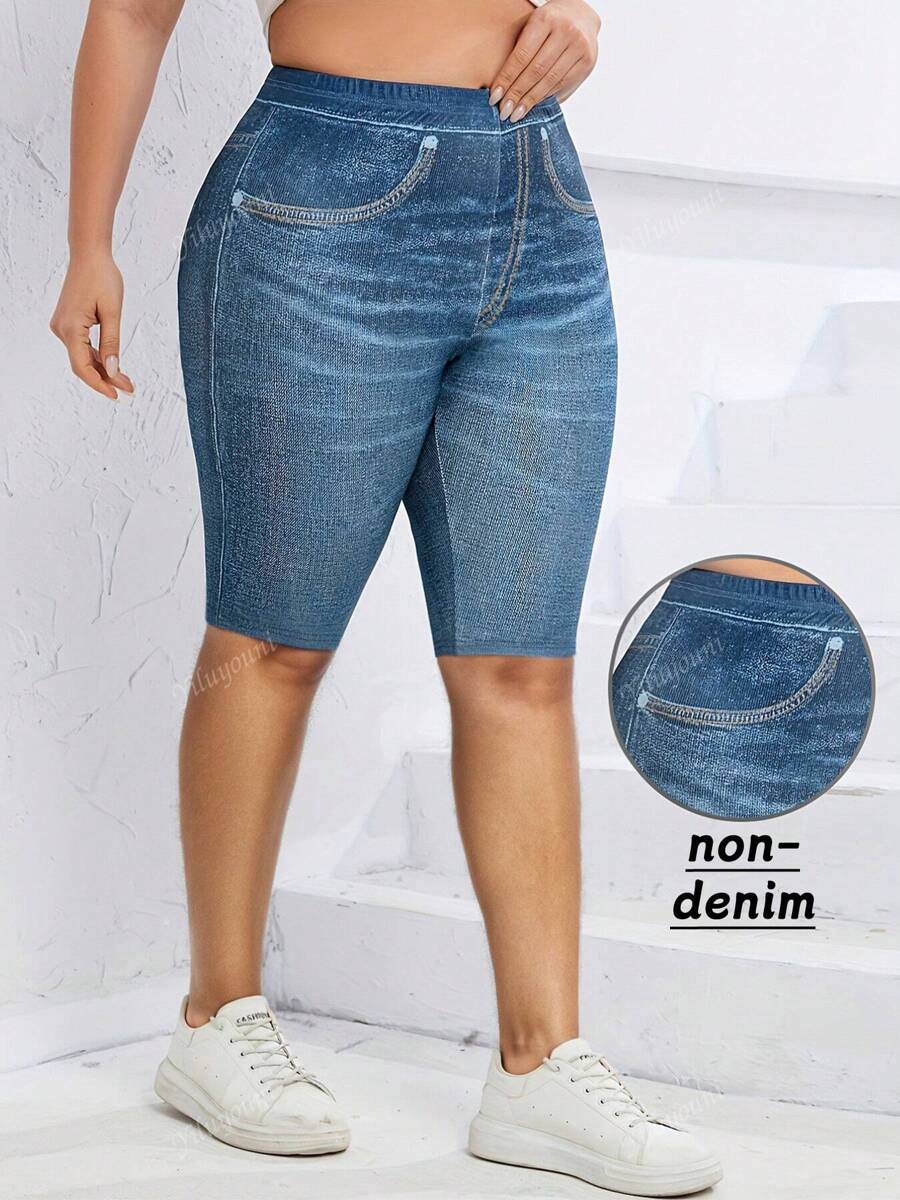 Plus Size Women Slim Fit Denim Effect Simple & Fashionable Elastic Fabric Casual Shorts