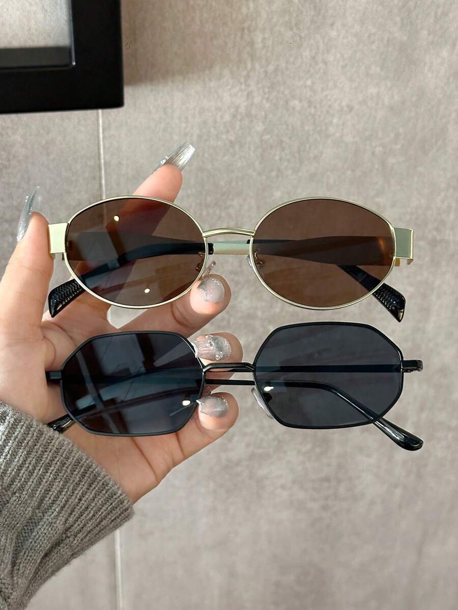 2pcs Women Oval Geometric Copper Full Frame Multicolor Classy Aesthetic Vintage Fashion Eyeglasses Combination For Street-Photography Beach Party Going Out Outfit Fashion Accessories
