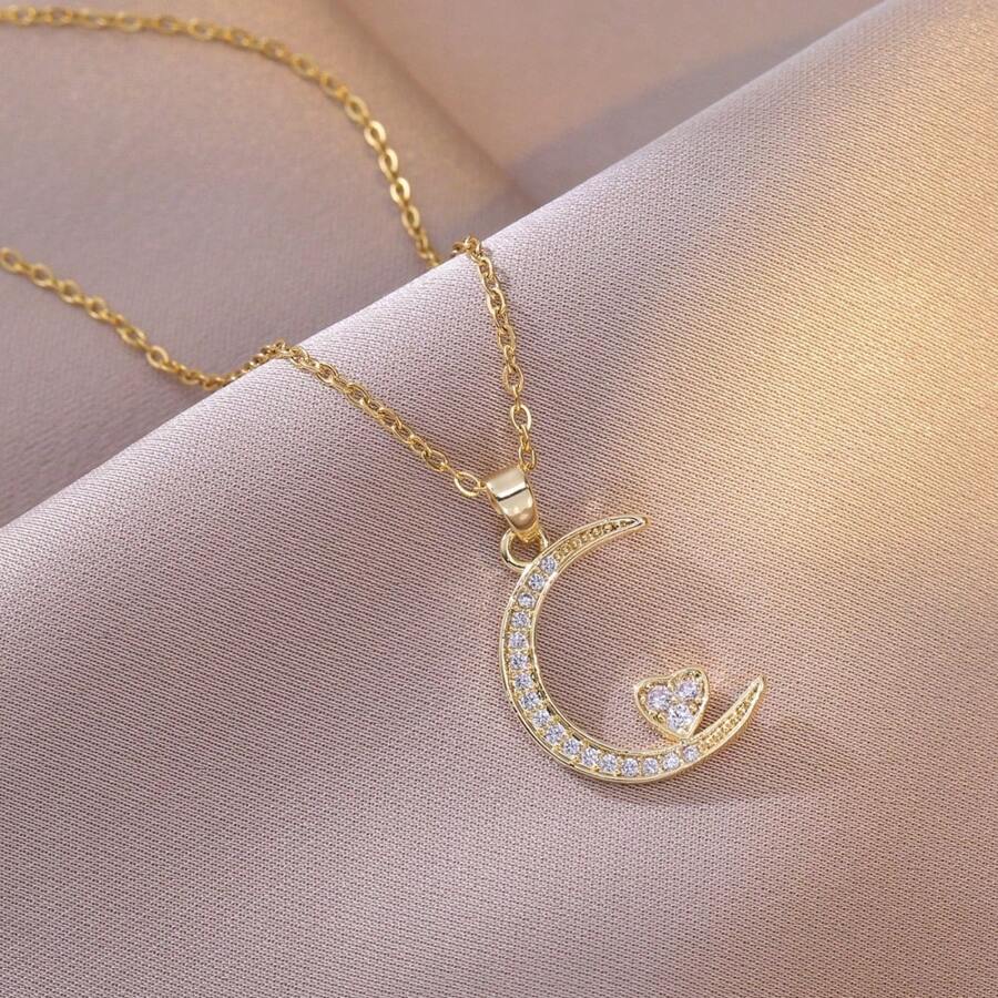 1 Peça Colar Elegante com Pingente de Lua e Coração de Strass, Corrente de Clavícula Única e Delicada, Acessório da Moda para Mulheres