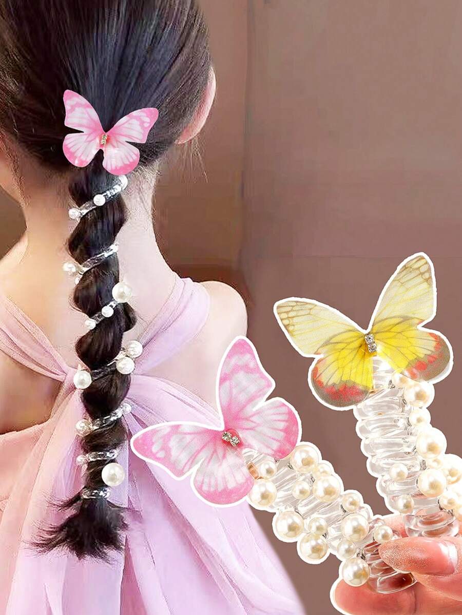 1pc/2pcs/3pcs Cute Fairy Hair Accessories, Pearl Net & Butterfly Rose Flower Spiral Hair Scrunchies, Suitable For Little Girls Braiding & Ponytail